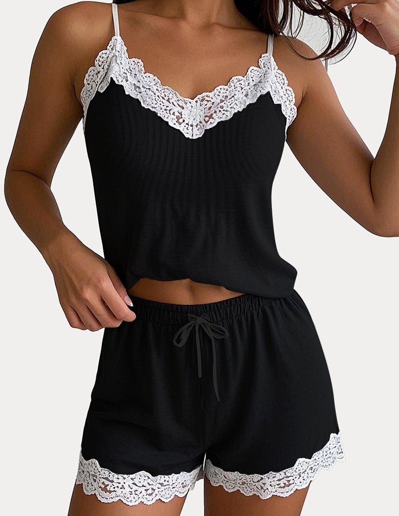 Black lace-trim cami pajama top and drawstring shorts set