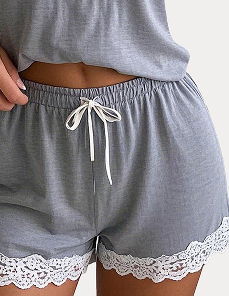 Gray drawstring pajama shorts with scalloped lace trim hem