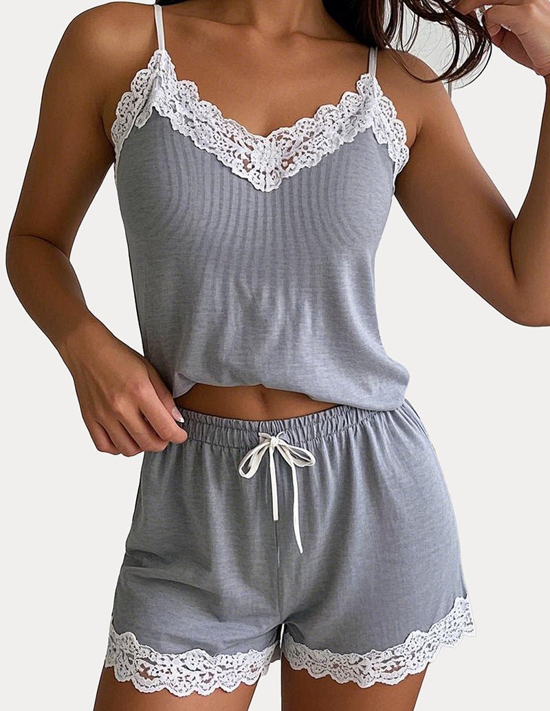 Gray lace-trim cami pajama top and drawstring shorts set