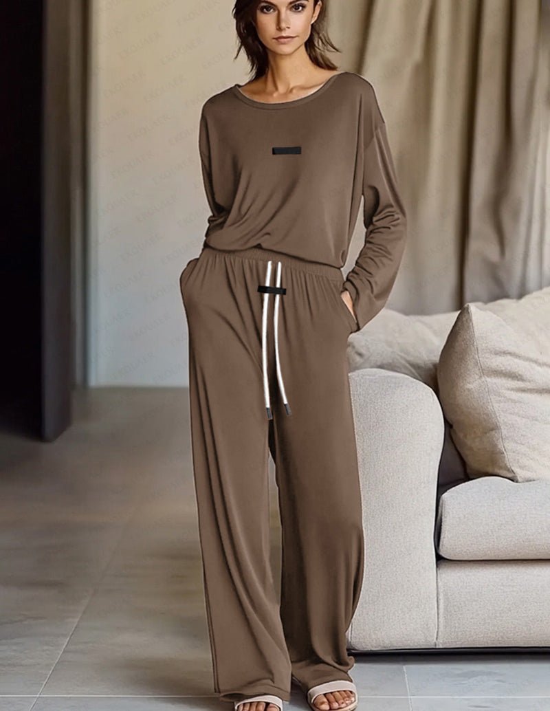 Brown 2-piece lounge set with long-sleeve top and wide-leg pants, drawstring waist