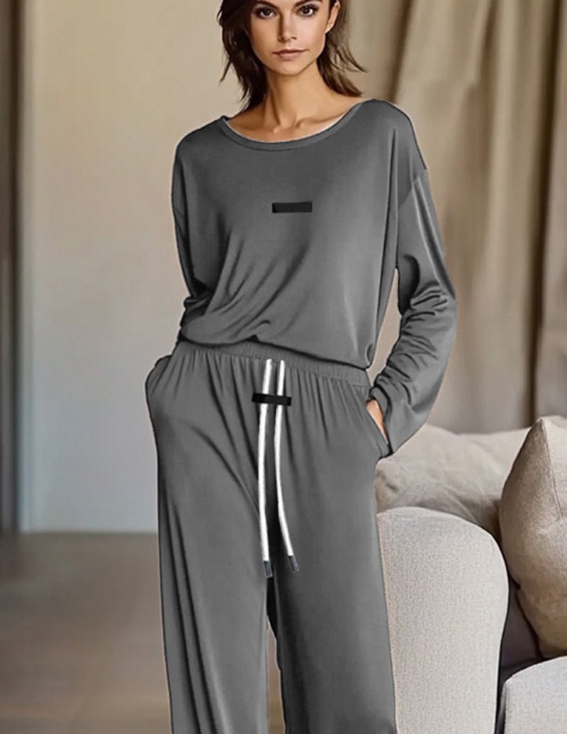 Gray 2-piece lounge set with crewneck long-sleeve top and wide-leg pants, drawstring