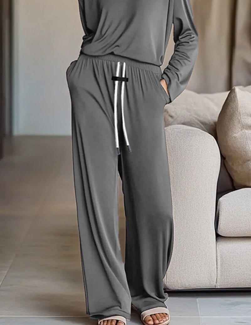 Gray wide-leg lounge pants with elastic waist and drawstring, part of 2-piece set