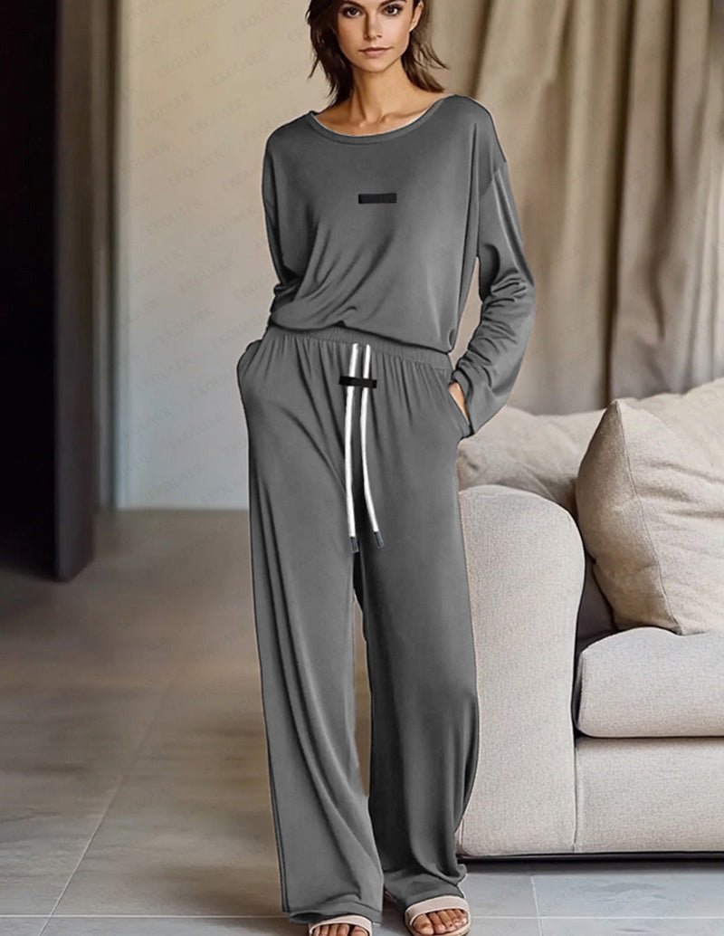 Gray 2-piece lounge set with long-sleeve top and wide-leg pants, drawstring waist