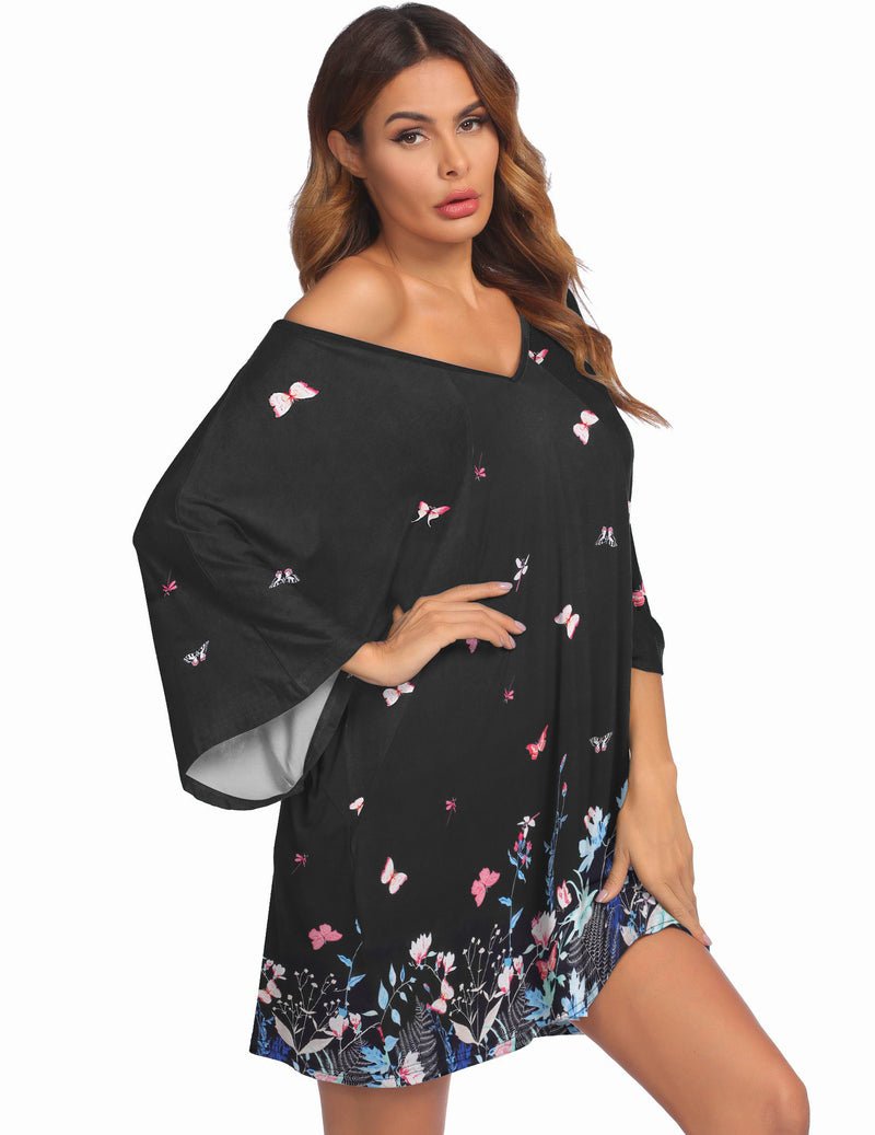 Oversized black V neck batwing nightshirt with butterfly print and blue floral border
