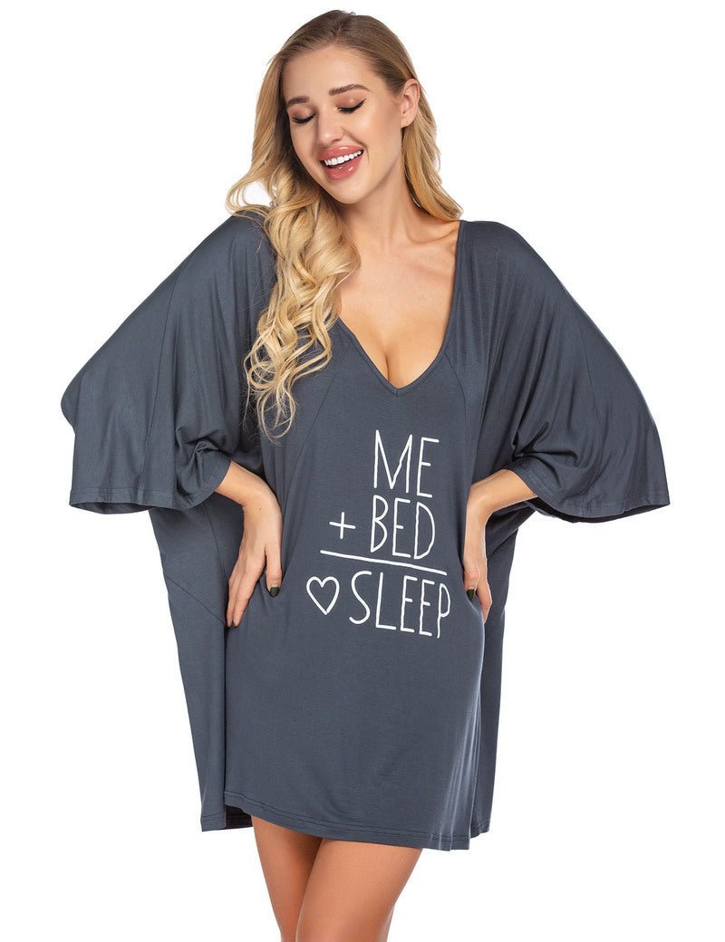 Gray deep V neck batwing sleep shirt with “ME + BED ♥ SLEEP” front text