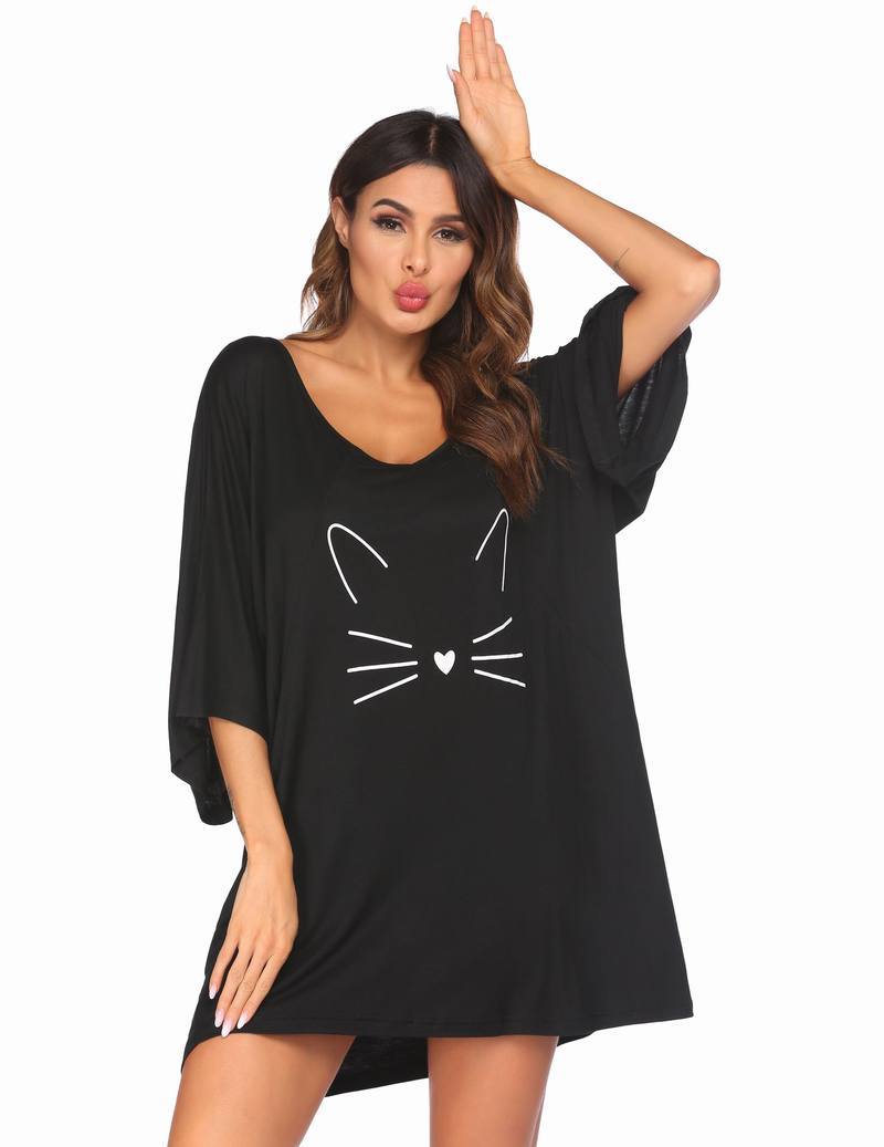 Black oversized V-neck nightshirt with white cat face graphic, batwing sleeves