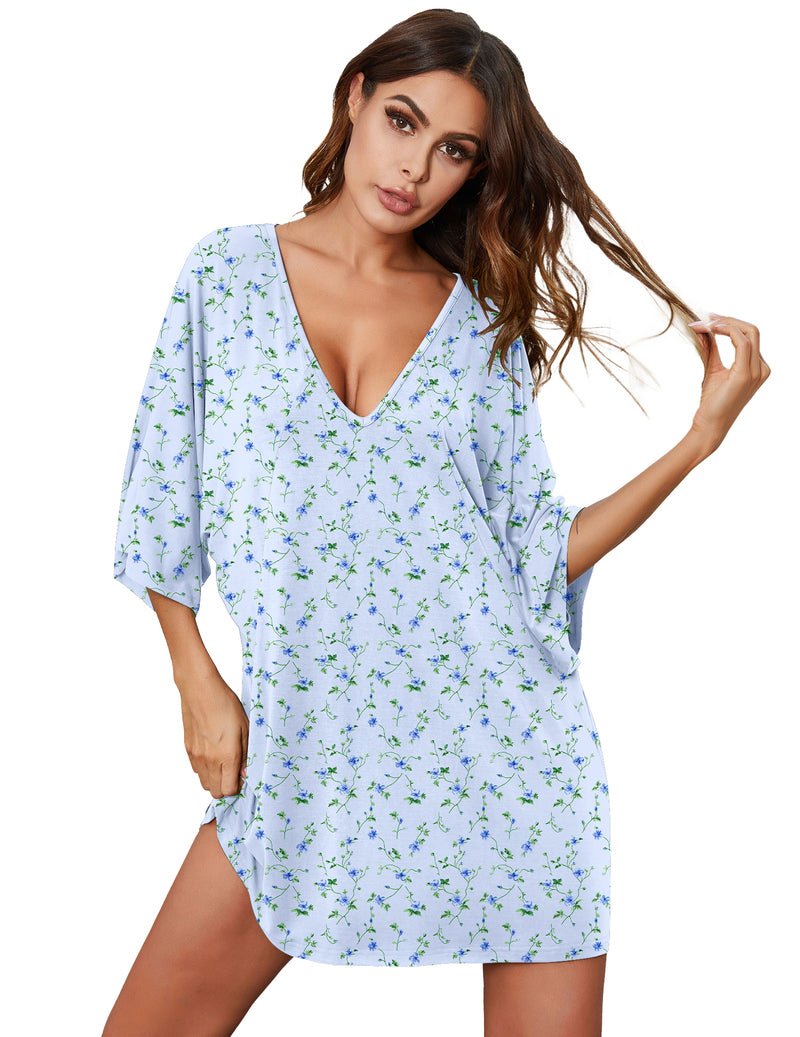Light blue deep V neck batwing nightshirt with small floral vine pattern