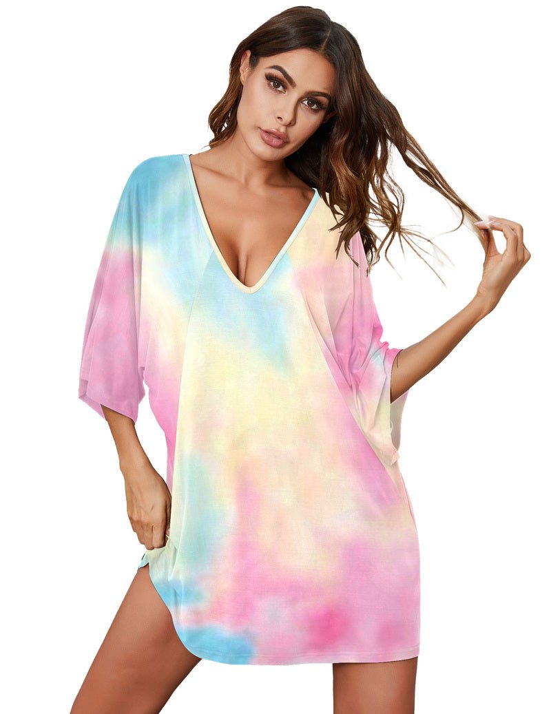Oversized V-neck batwing nightshirt in rainbow pastel tie-dye, loose short dress