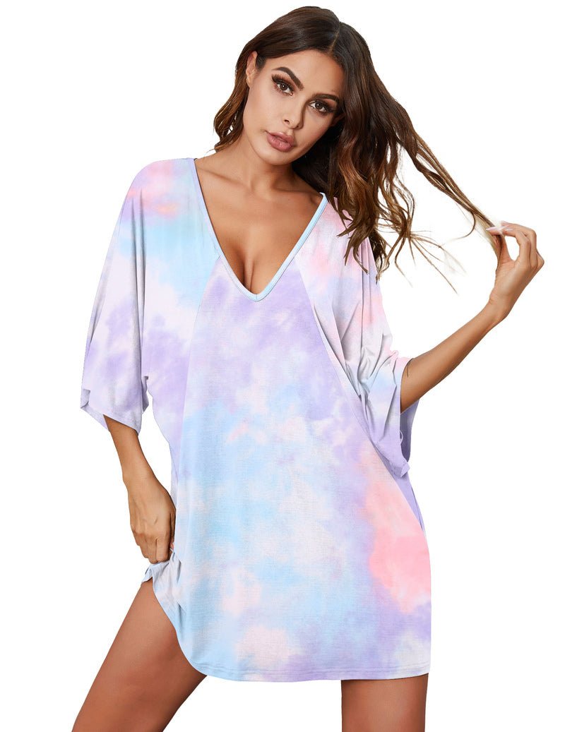 Oversized V-neck batwing nightshirt, pastel tie-dye with blue and pink tones