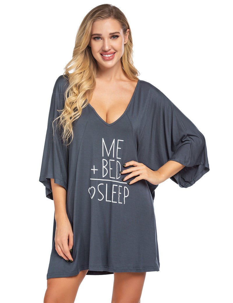Charcoal blue deep V neck batwing nightshirt with “ME + BED ♥ SLEEP” graphic