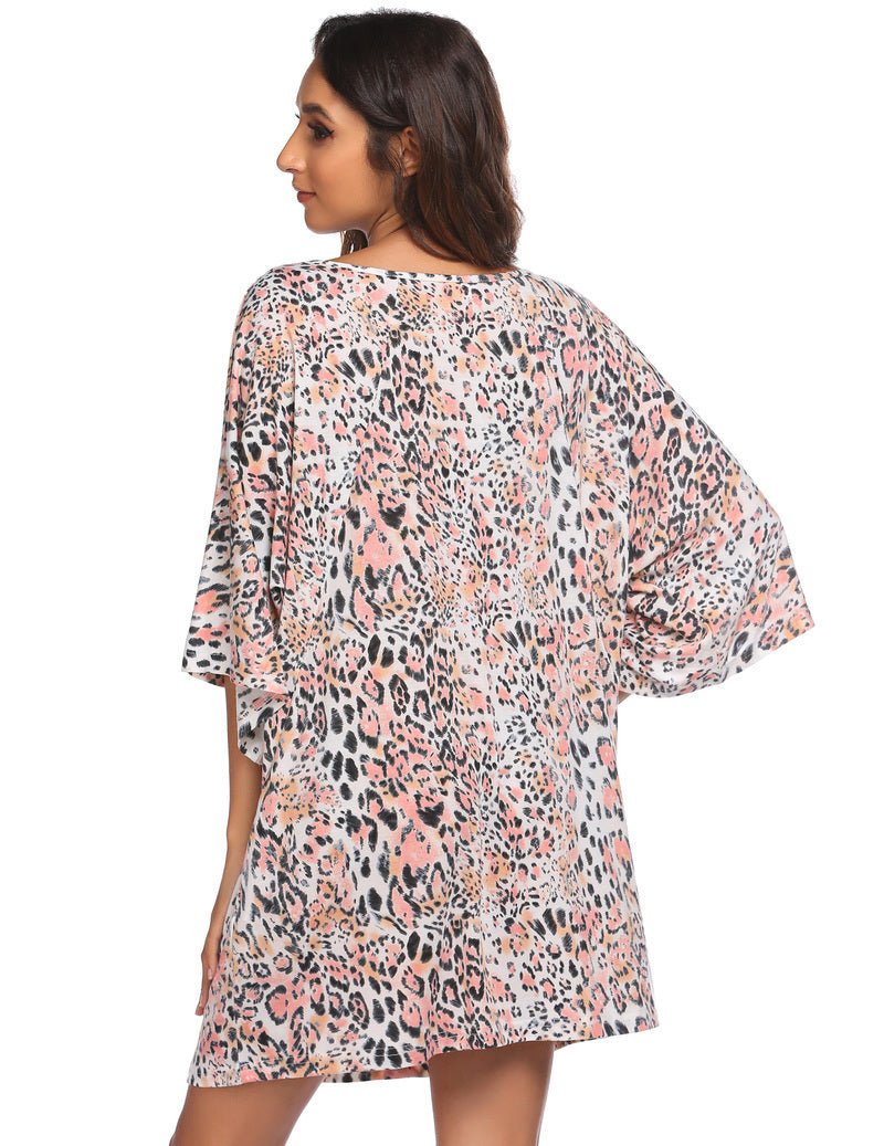 Back view leopard print batwing nightshirt with deep V neckline, loose oversized cut