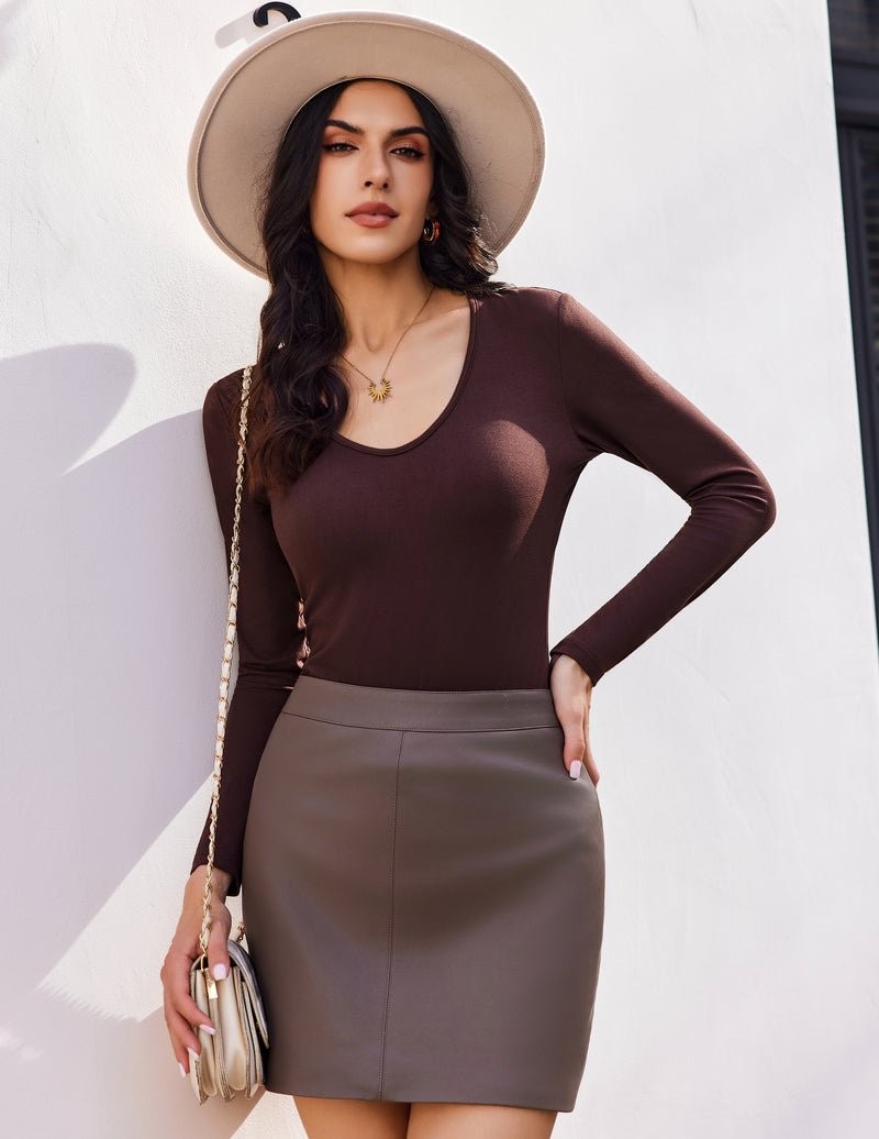 Dark brown long-sleeve thermal top, slim fit with crew neck