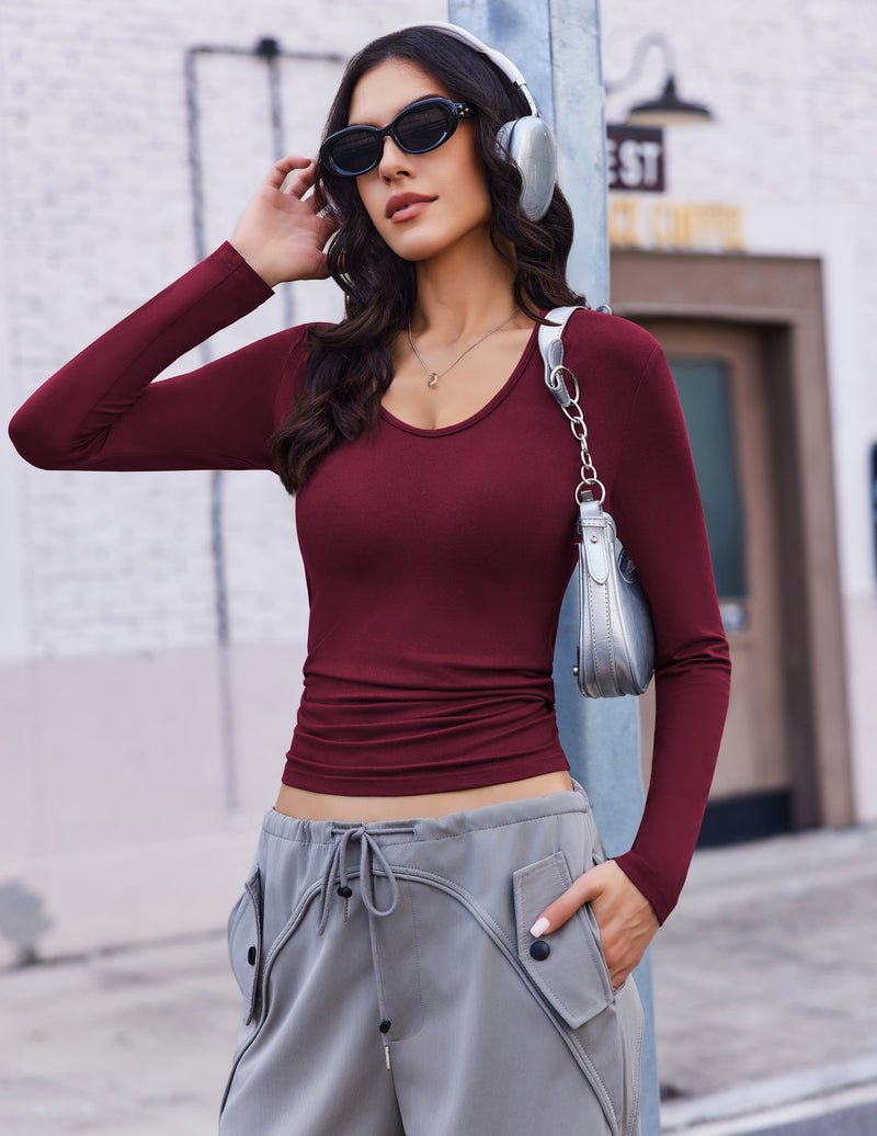 Deep V-neck long-sleeve thermal top, slim fit, dark red