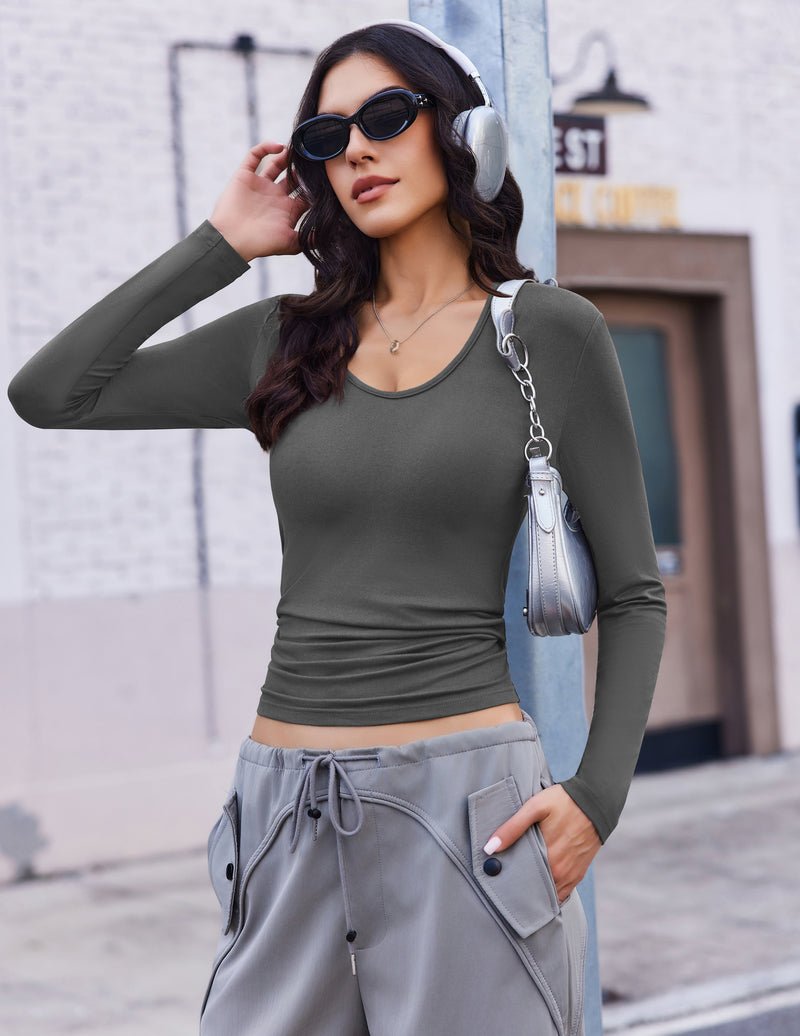 Deep V-neck long-sleeve thermal top, slim fit, dark olive/gray
