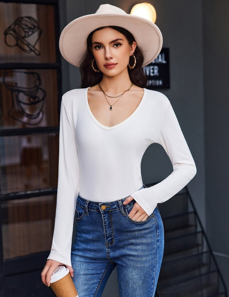 White deep V-neck long-sleeve thermal slim-fit shirt with smooth fitted shape