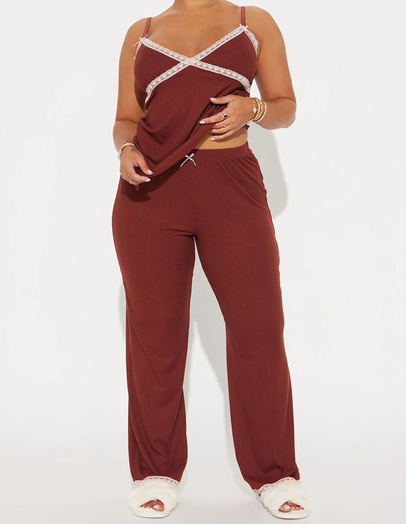 Burgundy ribbed cami lounge set with scalloped white lace trim and wide-leg pants