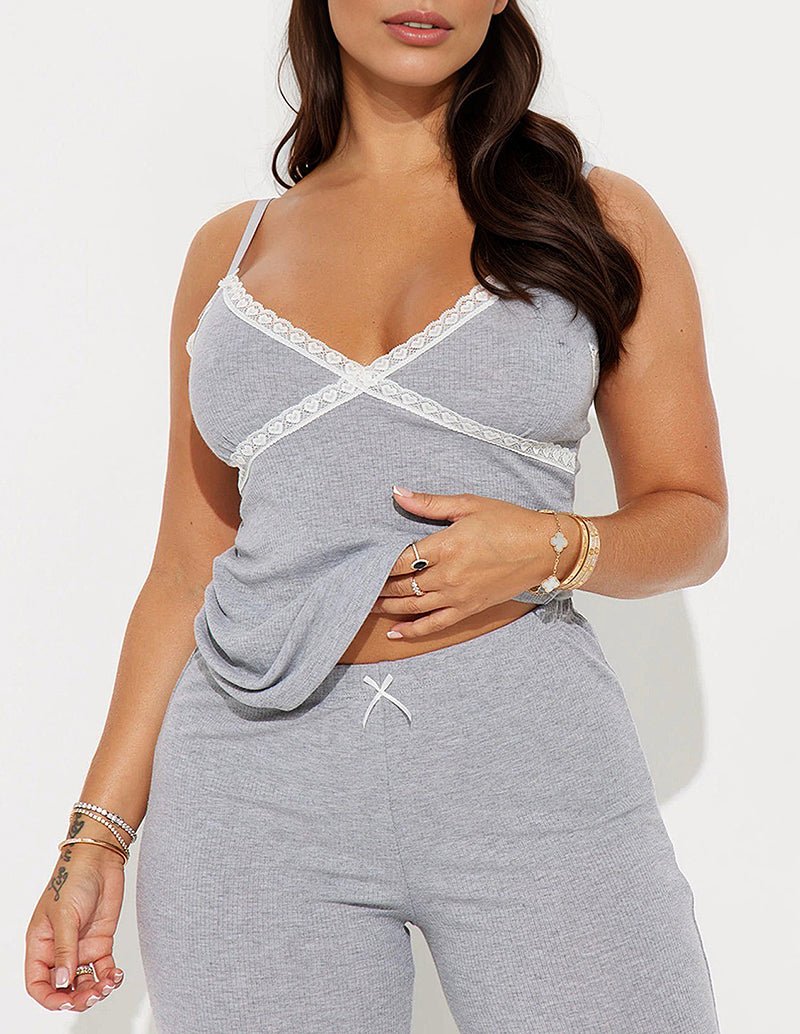 Heather gray ribbed cami and wide-leg lounge pants with white lace neckline trim
