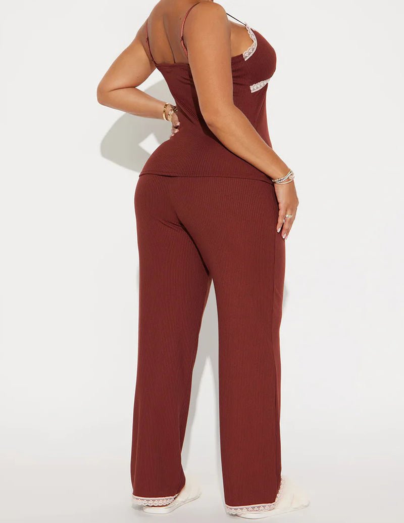 Burgundy ribbed cami lounge set with lace-trimmed camisole and wide-leg pants
