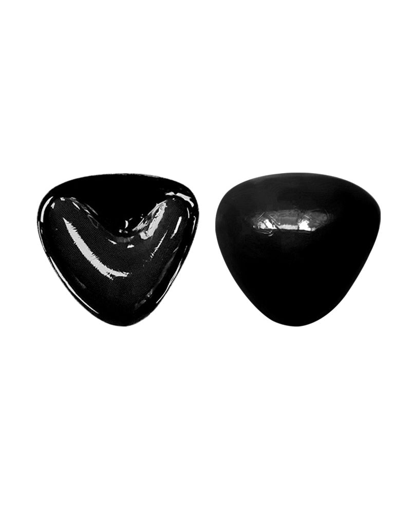 Self-adhesive chest pad pair, glossy black triangular cups.