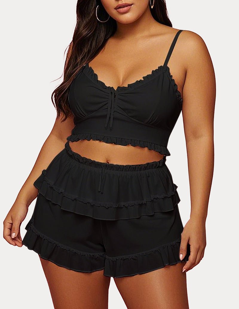 Black cotton cami and ruffled tiered shorts set with drawstring front