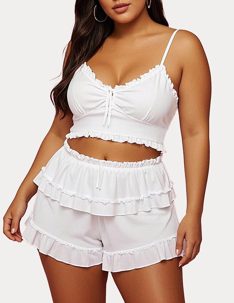 White cotton cami and ruffled tiered shorts set with drawstring front