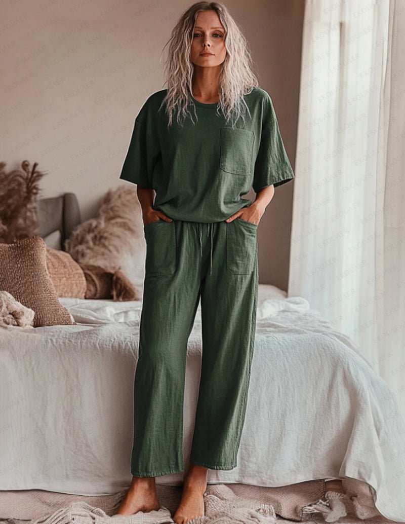 Army green cotton set: pocket tee with drawstring waist wide-leg pants
