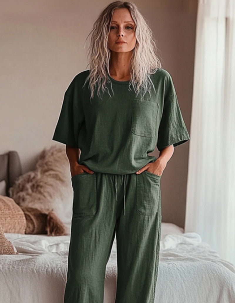Army green cotton set with short-sleeve pocket top and drawstring wide-leg pants