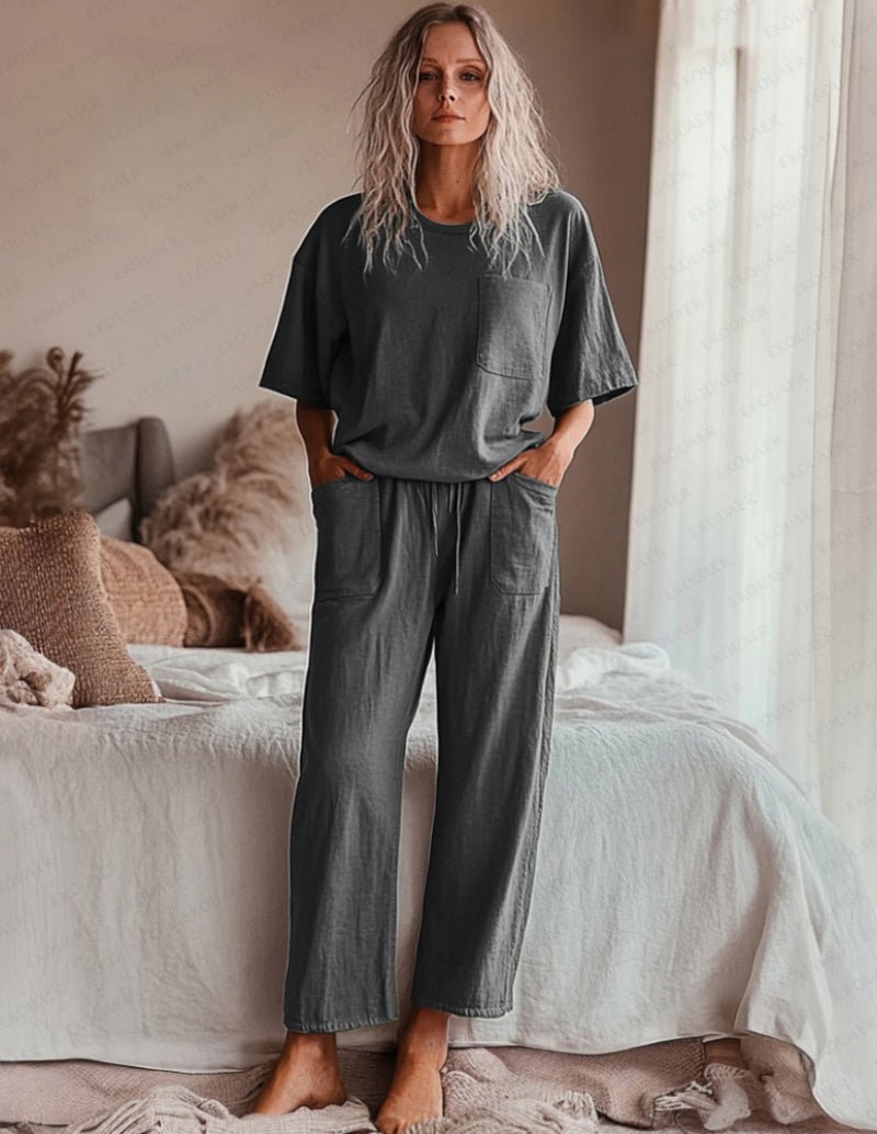 Gray cotton set: pocket tee with drawstring waist wide-leg pants