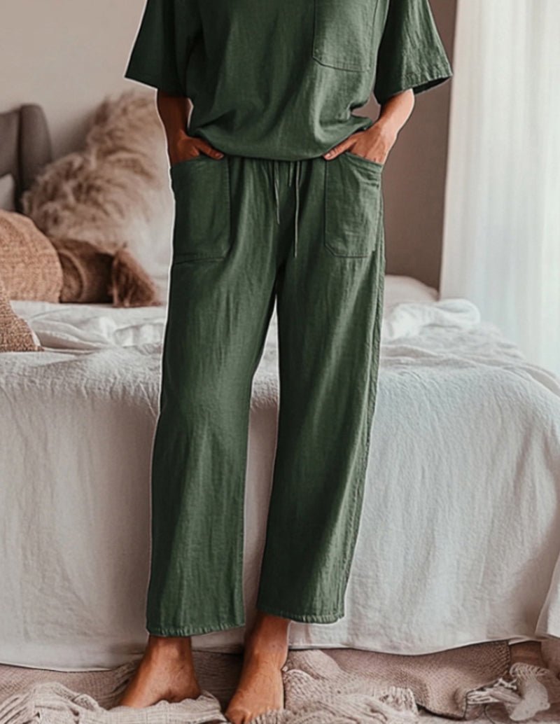 Army green cotton matching set, pocket tee and drawstring wide-leg pants close-up