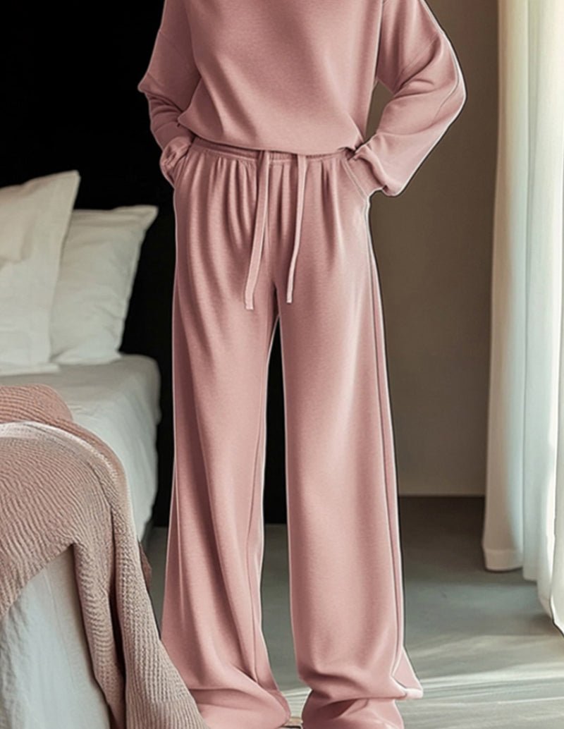 Pink lounge set with long-sleeve top and drawstring wide-leg trousers