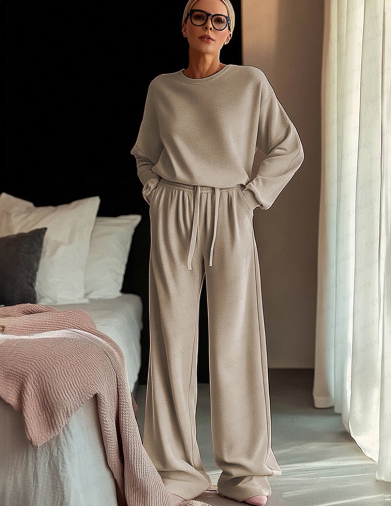 Khaki lounge set with long-sleeve sweatshirt and drawstring wide-leg pants