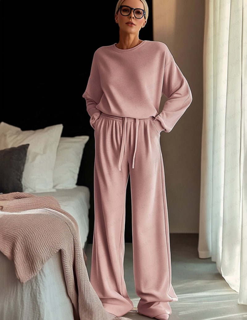 Pink lounge set with long-sleeve sweatshirt and drawstring wide-leg pants