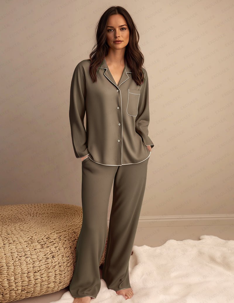 Army green satin pajama loungewear set with button-up shirt and wide-leg pants