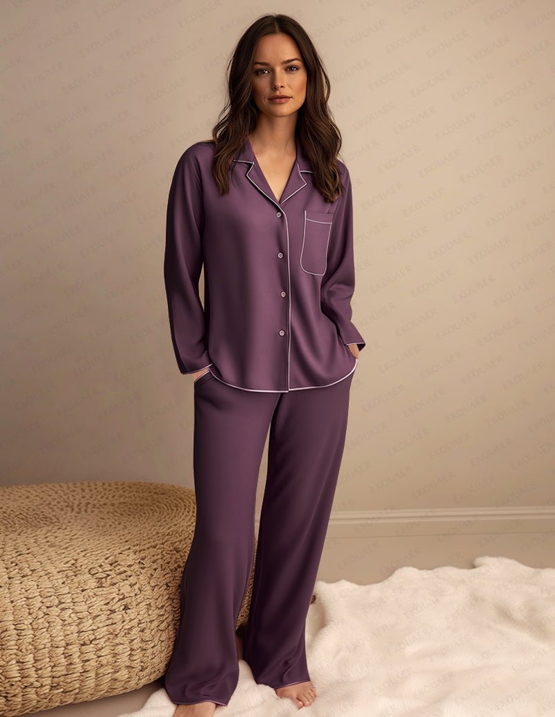 Purple satin pajama loungewear set with button-up shirt and wide-leg pants