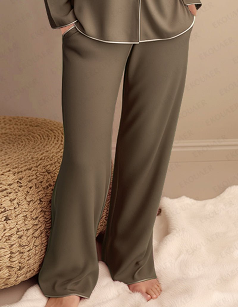 Olive satin wide-leg pajama pants with contrast piping at side seam