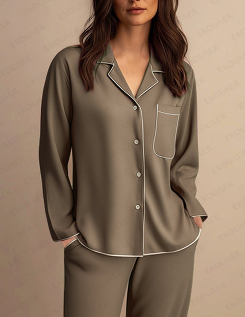 Olive satin pajama loungewear set, button-front top with contrast piping and pocket