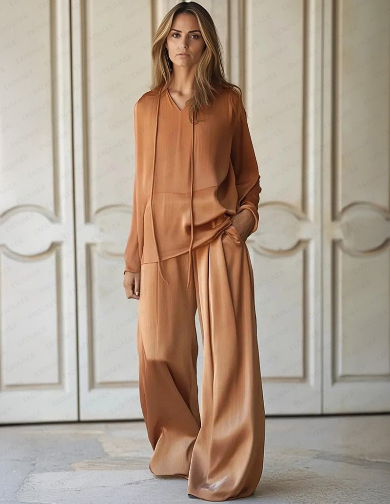 Brown lounge set with long-sleeve V-neck top and matching wide-leg pants