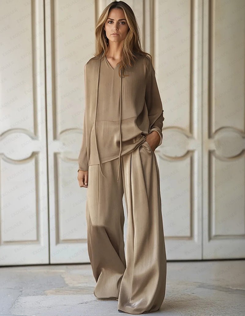 Khaki lounge set with long-sleeve V-neck top and matching wide-leg pants