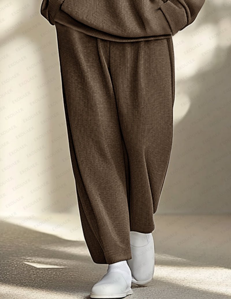 Brown knit 2-piece homewear set pants with wide-leg cut and elastic waistband