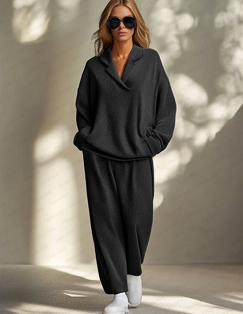 Black knit 2-piece homewear set with cowl-collar top and wide-leg pants