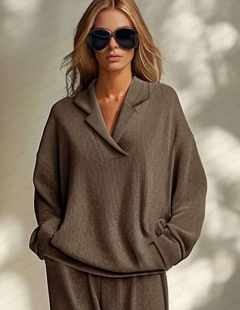 Brown knit homewear set top with cowl neckline and long sleeves