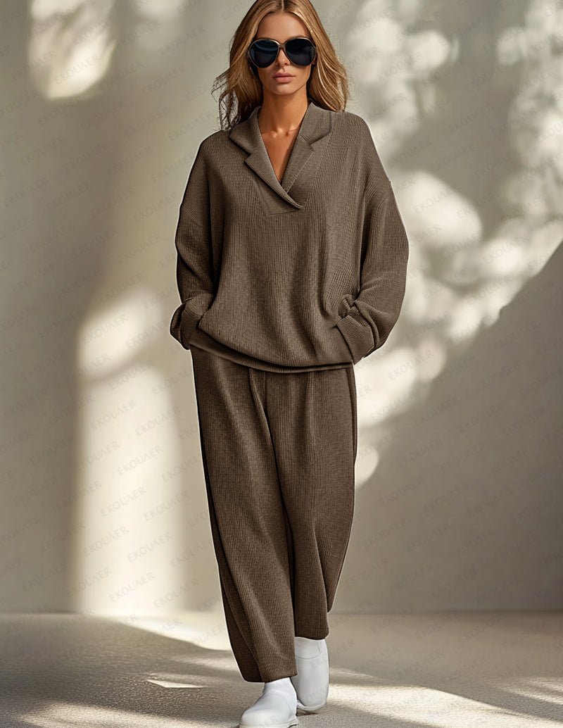 Brown knit 2-piece homewear set with cowl-collar top and wide-leg pants