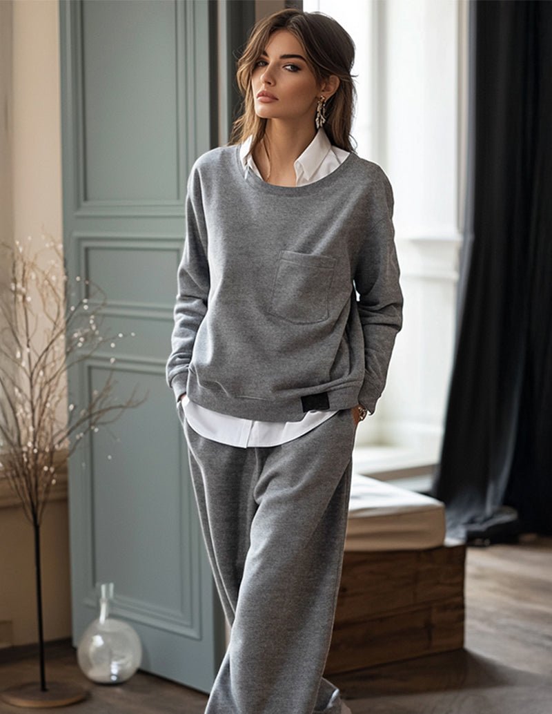 Gray relaxed lounge set with long-sleeve sweatshirt and matching jogger pants