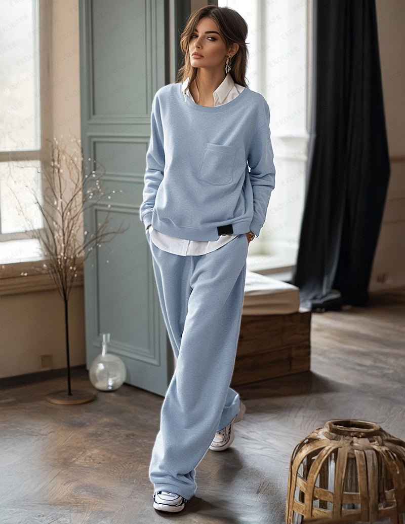 Blue relaxed homewear set with long-sleeve sweatshirt and matching jogger pants