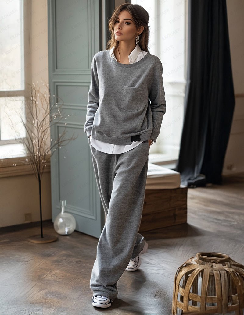 Gray relaxed homewear set with long-sleeve sweatshirt and matching jogger pants