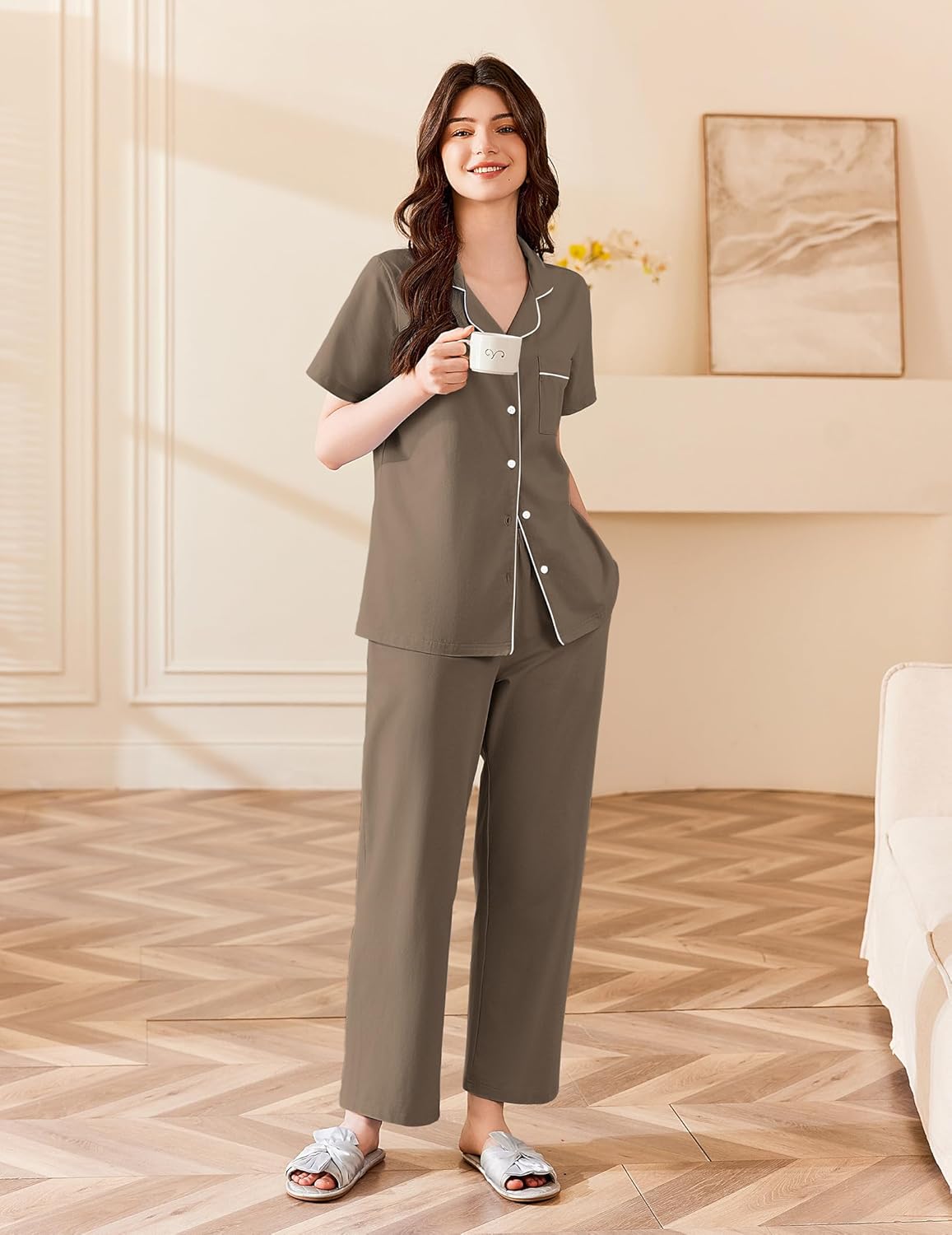 Light grey 100% cotton pajama set with button-up short-sleeve top and long pants