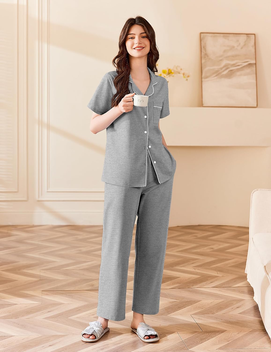 Grey lounge pajama set: button shirt with piping trim and relaxed straight-leg pants