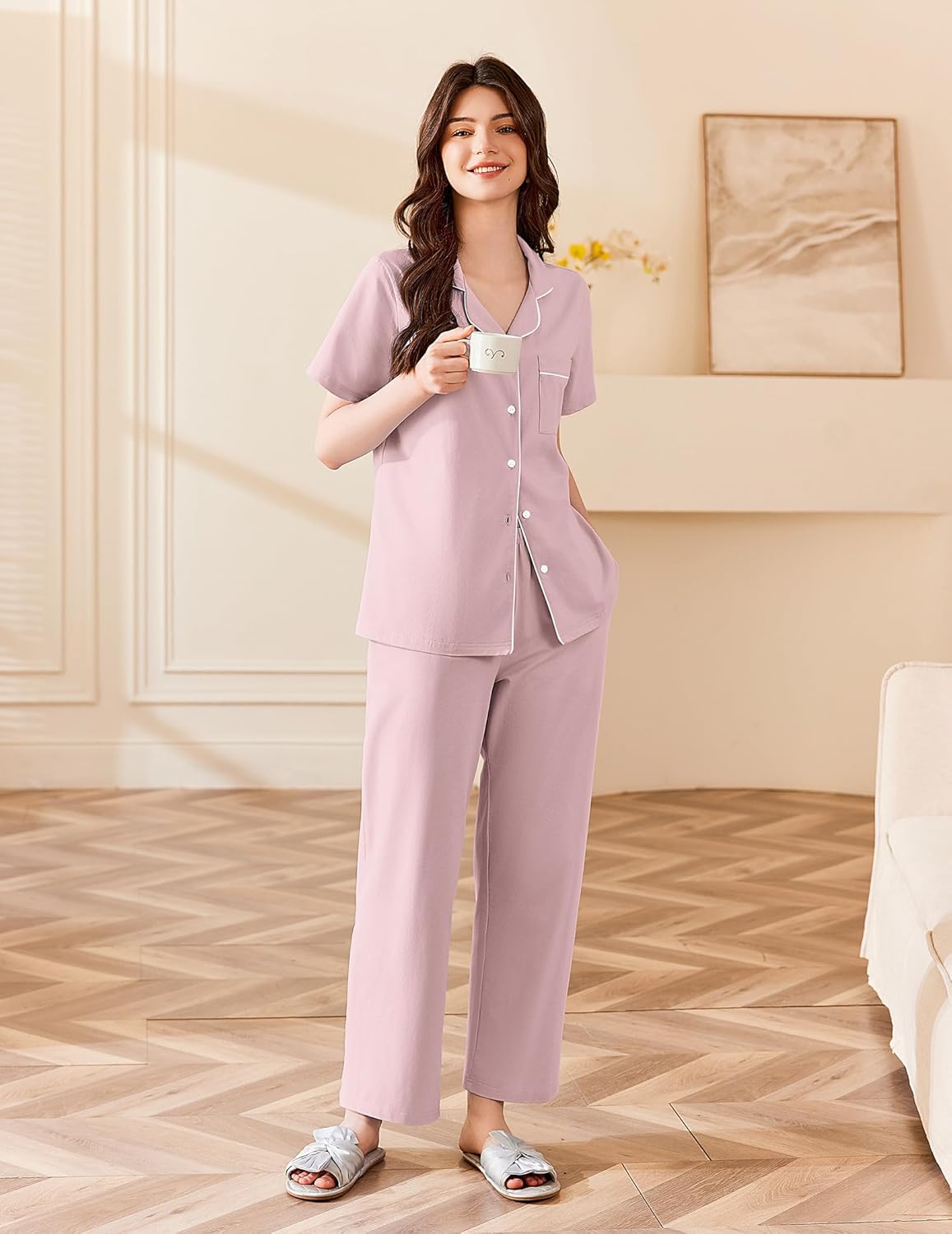 Ekouaer cotton pajama set in light purple: short-sleeve button top with drawstring pants