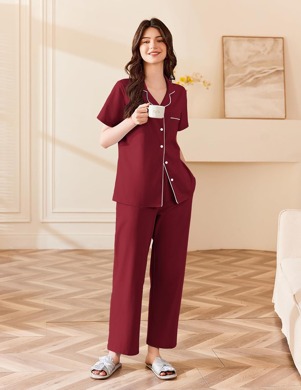 Wine red cotton pajama set with button-front short-sleeve top and matching wide-leg pants