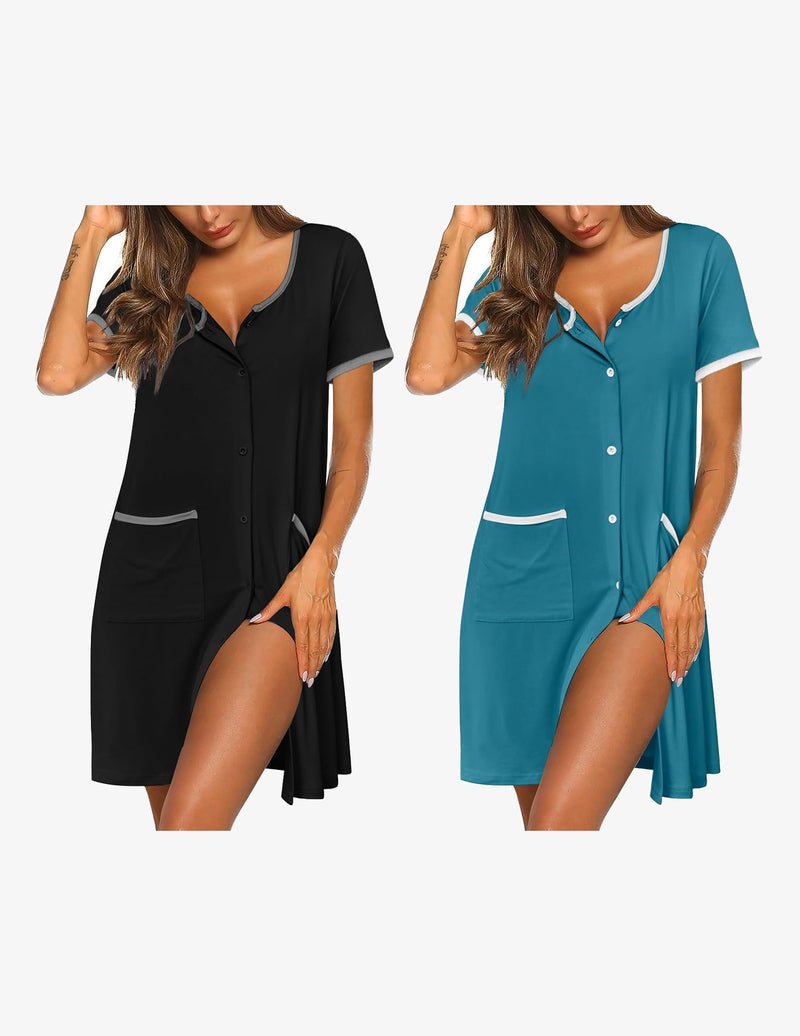 2-pack button-down sleep shirt dress: black and teal, short sleeves, front buttons, pockets.